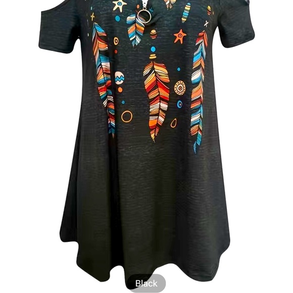 🔖CLEARANCE🔖 NWT 🪶 BLACK BOHO TRIBAL FEATHER COLD SHOULDER ZIPPER TOP Women’s 1X - Picture 6 of 9